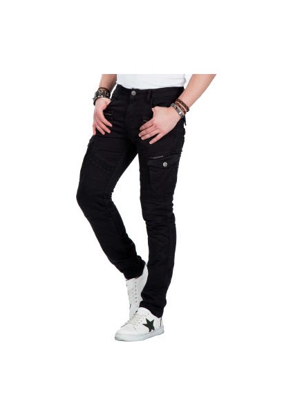 Cipo&Baxx CD424 Kargo Cepli Dar Paça Siyah Motorcu Pantolon