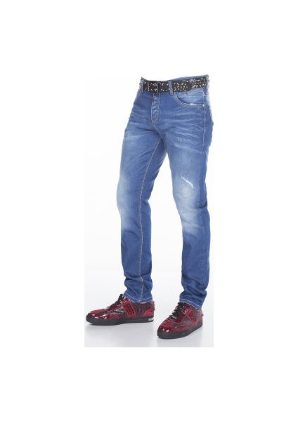 Cipo&Baxx CD386 Hafif Yıpranmış Sade Mavi Jean Erkek Kot Pantolon