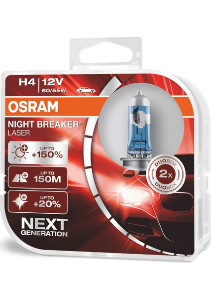 Next Generation H4 Night Breaker Laser +%150 12V 60/55W 2'Li Ampül Set