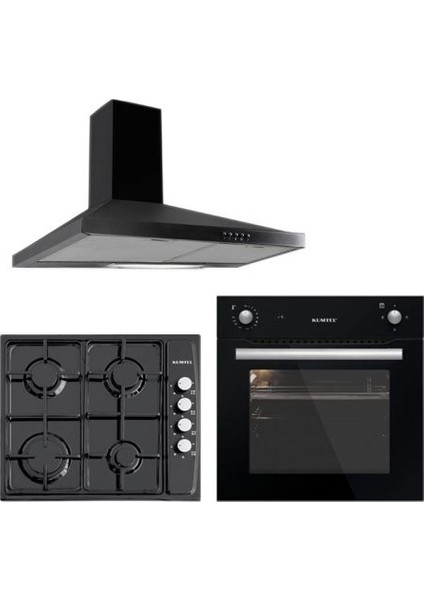 3'Lü Ankastre Set (A6-S2 Siyah Fırın + Ko-410 Bf Siyah Ng Ocak + Kumtel Dp6-X Siyah Davlumbaz)