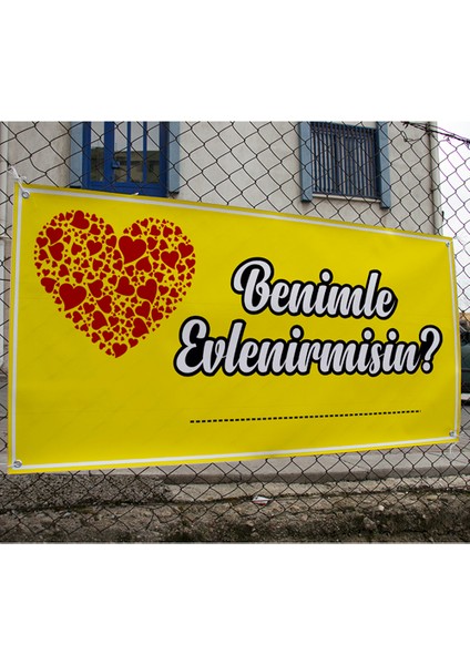 Sarı Zeminli Büyük Kalpli Benimle Evlenir Misin Branda Afişi 200 x 100 cm fiyatları