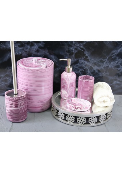 Marble 5 Parça Polyester Banyo Seti - Vişne