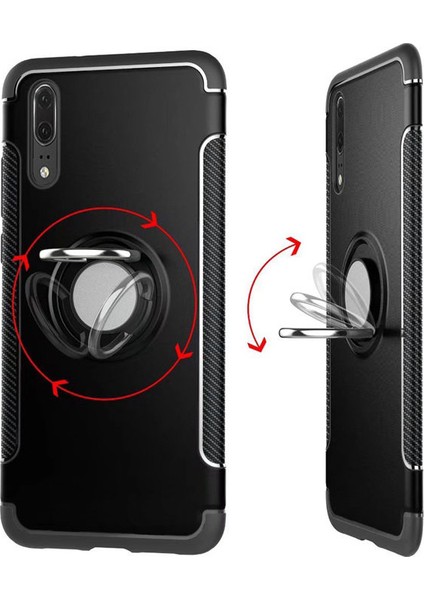 Huawei P20 Yüzük Standlı Armor Silikon Kılıf - Siyah