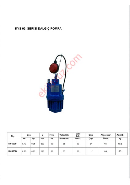 Kaysu Dalgıç Pompa Kys03 Şamandıralı