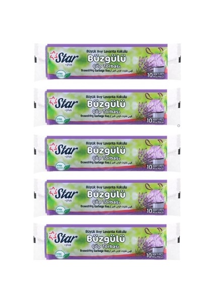 Büzgülü Çöp Torbası / Poşeti - Büyük 65X70 - Lavanta Kokulu - 5 Rulo=50' li