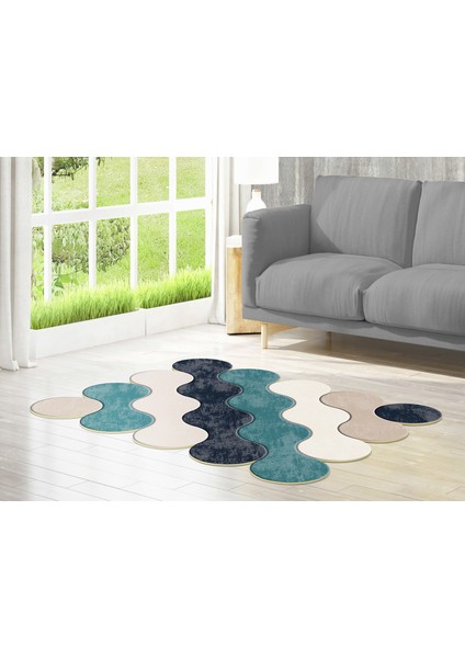 Figürlü Özel Kesim Yıkanabilir Kaymaz Taban Halı 117 Mavi ( 80 X 300 )