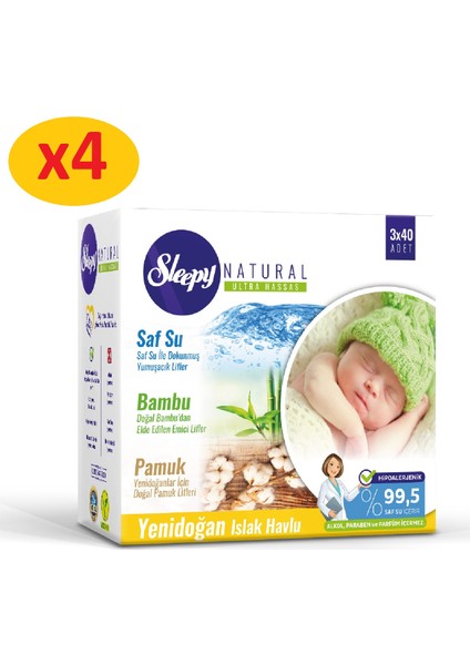 Natural Yenidoğan Islak Pamuklu Bambu Havlu 4x(3x40) (480 Yaprak)