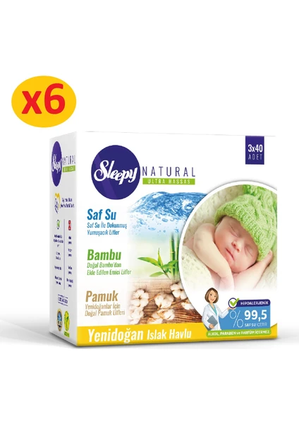 Natural Yenidoğan Islak Pamuklu Bambu Havlu 6x(3x40) (720 Yaprak)