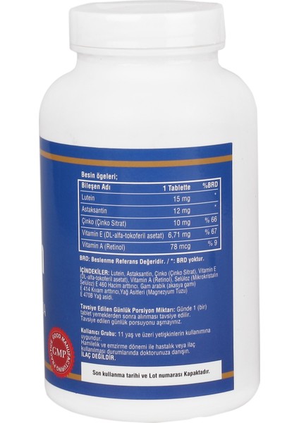Lutein 15 Mg Astaxanthin (Astaksantin) 12 mg 120 Tablet