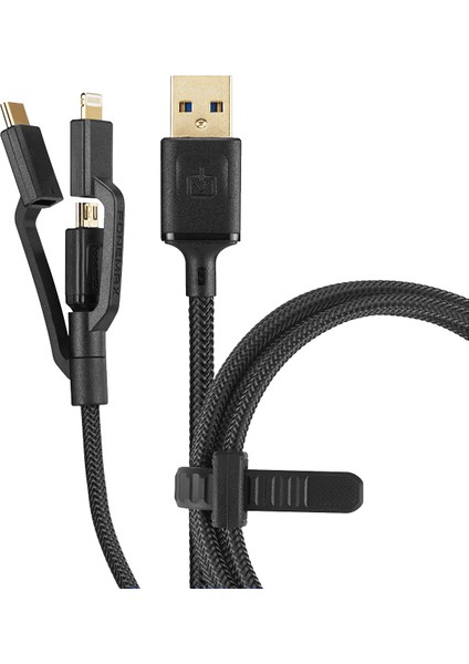 3in1 Ultra Toughness Lightning + Type-C + Micro USB to USB 2.0 Dayanıklı Naylon Örgü Şarj Aleti - Siyah - 3m