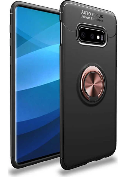 Case 4U Samsung Galaxy S10e Kılıf Autofocus Shockprof Ravel Yüzüklü Standlı Slikon Kapak Siyah - Rose Gold