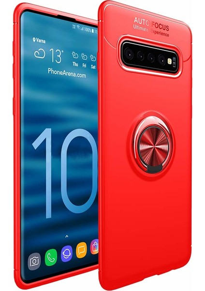 Case 4U Samsung Galaxy S10 Kılıf Autofocus Shockprof Ravel Yüzüklü Standlı Slikon Kapak Kırmızı