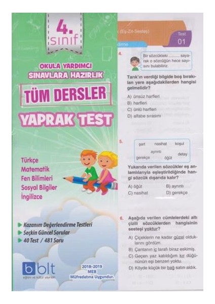 Bulut Eğitim ve Kültür Yayınları 4.Sınıf Tüm Dersler Yaprak Test