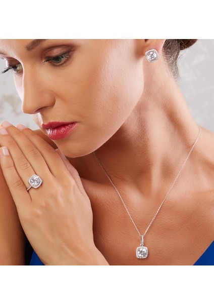 Zirkon Taş Kare Model Gümüş Üçlü Set