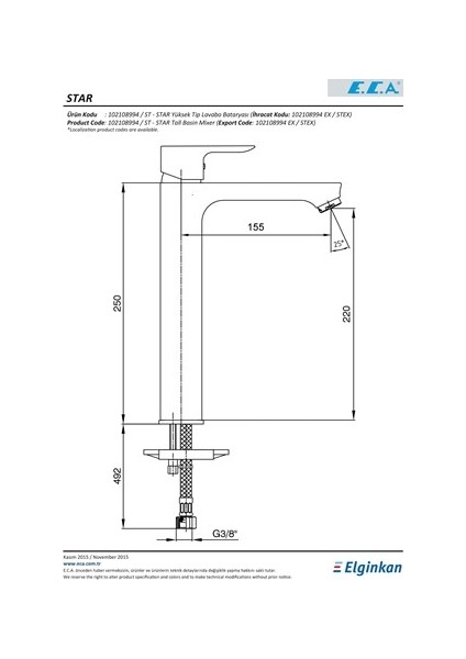 Eca Star Lavabo Bataryası Yüksek Tip 102108994 fiyatları