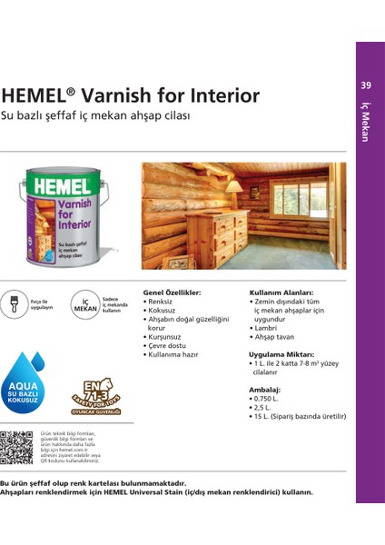 Hemel Varnish For Interior Su Bazlı Aqua Lambri Cila İç Mekan 0,75 Lt