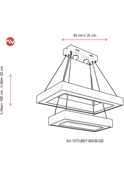 AV-1573-BSY-60X30-DD Siyah Boyalı Modern Avize LED Metal Pleksi 60x35cm