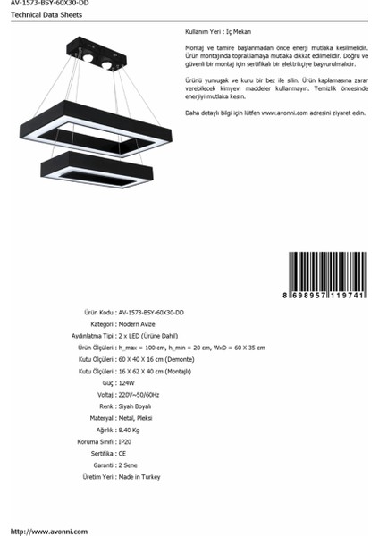 AV-1573-BSY-60X30-DD Siyah Boyalı Modern Avize LED Metal Pleksi 60x35cm