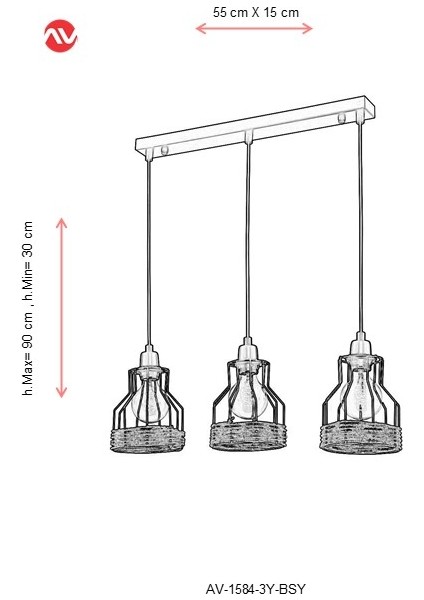 AV-1584-3Y-BSY Siyah Boyalı Modern Avize E27 Metal Jüt Halat 55x15cm fiyatları