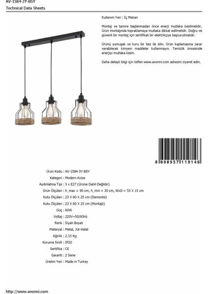 AV-1584-3Y-BSY Siyah Boyalı Modern Avize E27 Metal Jüt Halat 55x15cm modelleri