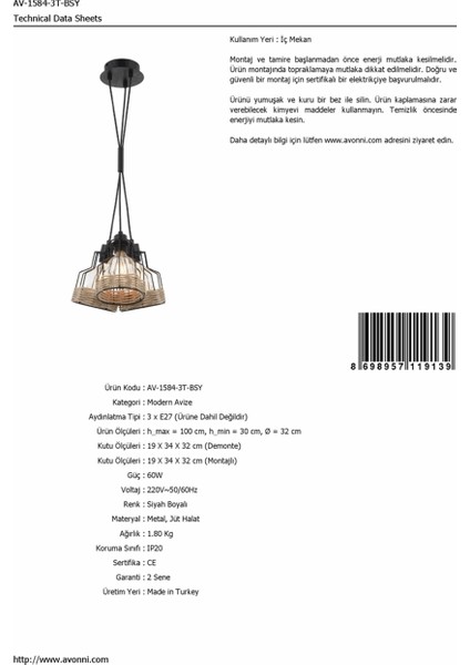 AV-1584-3T-BSY Siyah Boyalı Modern Avize