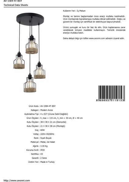 AV-1584-4T-BSY Siyah Boyalı Modern Avize