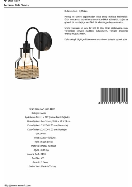 AP-1584-1BSY Siyah Boyalı Aplik E27 Metal Jüt Halat 15x24cm modelleri