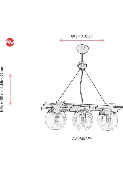 AVONNI AV-1588-3EY Eskitme Kaplama Modern Avize E27 Metal Ahşap Cam 60x35cm