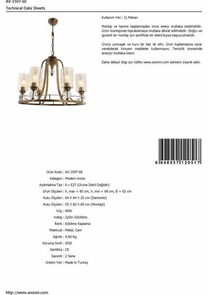 AV-1597-6E Eskitme Kaplama Modern Avize E27 Metal Cam 62cm