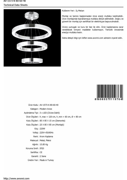 AVONNI AV-1573-K-80-60-40 Krom Kaplama Modern Avize LED Metal Pleksi 80cm