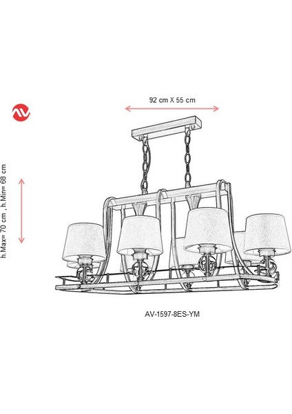 AV-1597-8ES-YM Eskitme Kaplama Modern Avize E27 Metal Cam Kumaş 92x55cm
