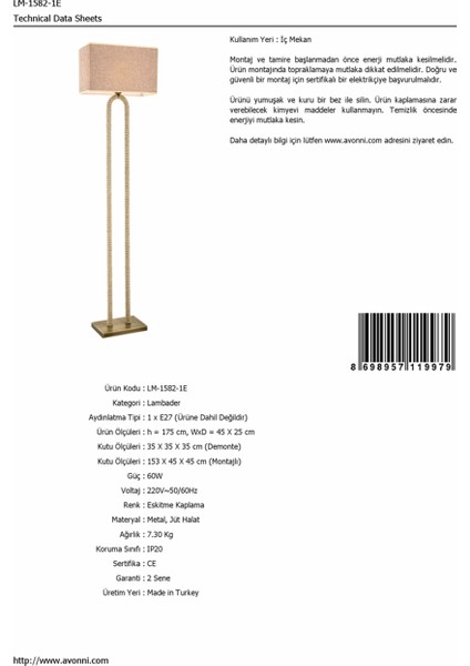 AVONNI LM-1582-1E Eskitme Kaplama Lambader E27 Metal Jüt Halat 45x25cm