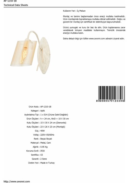 AP-1210-1B Beyaz Boyalı Aplik modelleri