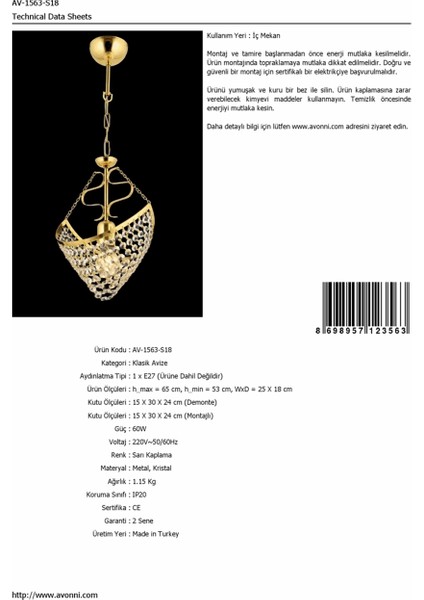 AV-1563-S18 Sarı Kaplama Klasik Avize modelleri