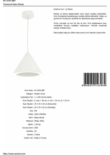 AV-1645-BBY Beyaz Boyalı Sarkıt modelleri