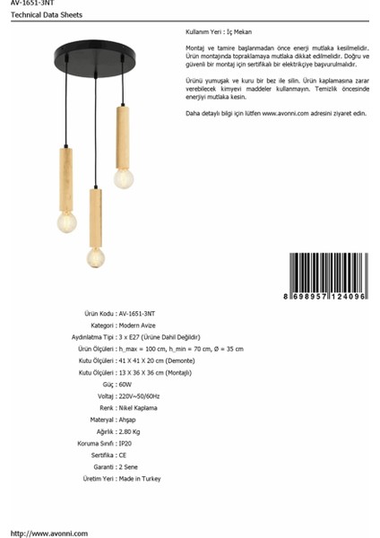 AV-1651-3NT Nikel Kaplama Modern Avize modelleri