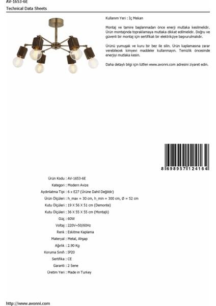 AV-1653-6E Eskitme Kaplama Modern Avize