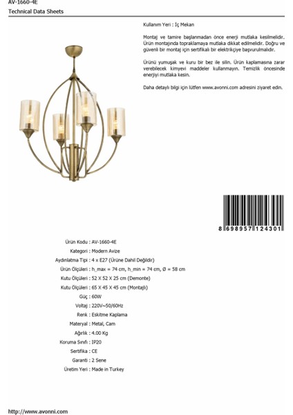 AV-1660-4E Eskitme Kaplama Modern Avize E27 Metal Cam 58cm modelleri