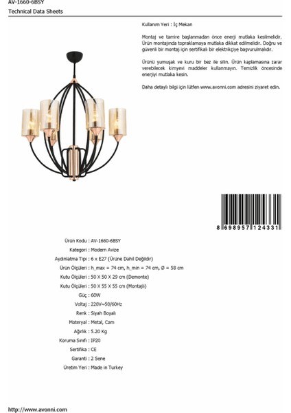 AV-1660-6BSY Siyah Boyalı Modern Avize E27 Metal Cam 58cm modelleri