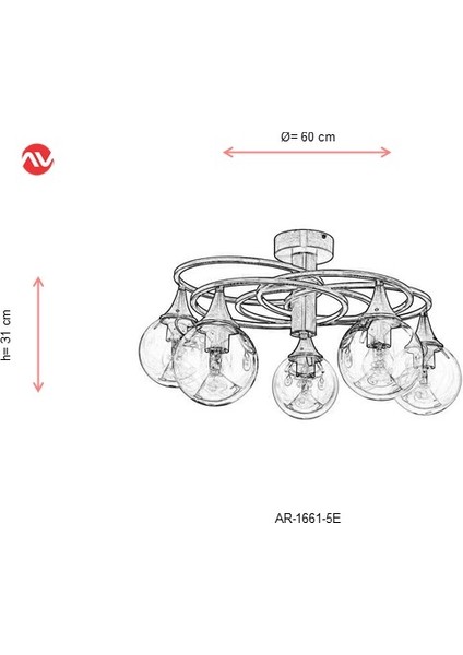 AVONNI AR-1661-5E Eskitme Kaplama Modern Avize E27 Metal Cam 60cm