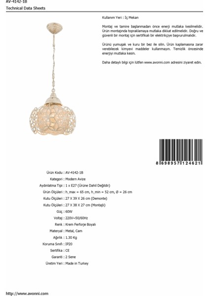 AV-4142-1B Krem Boyalı Modern Avize E27 Metal Cam 26cm modelleri