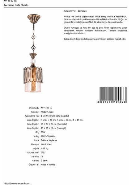 AV-4149-1E Eskitme Kaplama Modern Avize E27 Metal Cam 13cm modelleri