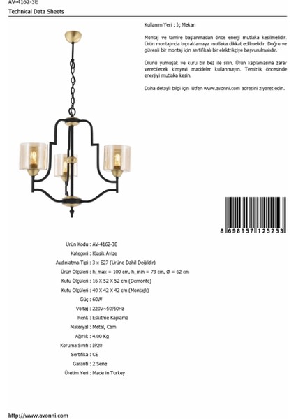 AV-4162-3E Eskitme Kaplama Modern Avize E27 Metal Cam 62cm modelleri