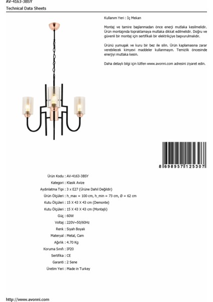 AV-4163-3BSY Siyah Boyalı Modern Avize E27 Metal Cam 62cm modelleri