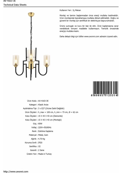 AV-4163-3E Eskitme Kaplama Modern Avize E27 Metal Cam 62cm modelleri