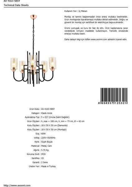 AV-4163-5BSY Siyah Boyalı Modern Avize E27 Metal Cam 62cm modelleri