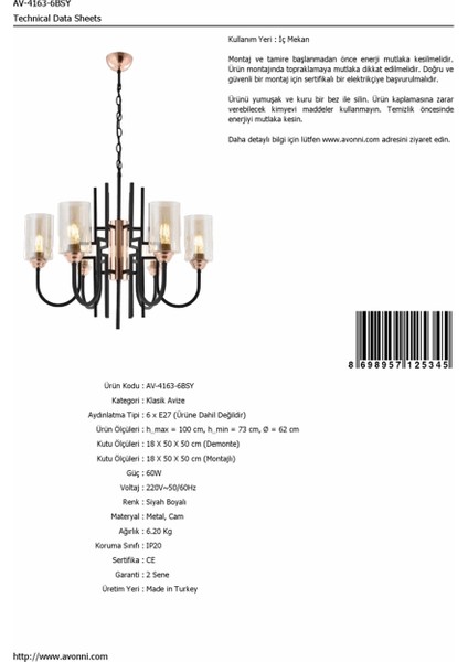 AV-4163-6BSY Siyah Boyalı Modern Avize E27 Metal Cam 62cm modelleri