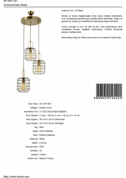 AV-4167-3ET Eskitme Kaplama Modern Avize modelleri