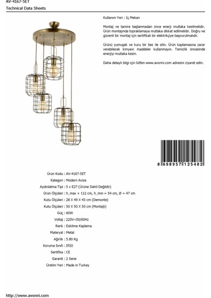 AV-4167-5ET Eskitme Kaplama Modern Avize modelleri