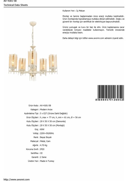 AV-4181-5B Beyaz Boyalı Modern Avize modelleri